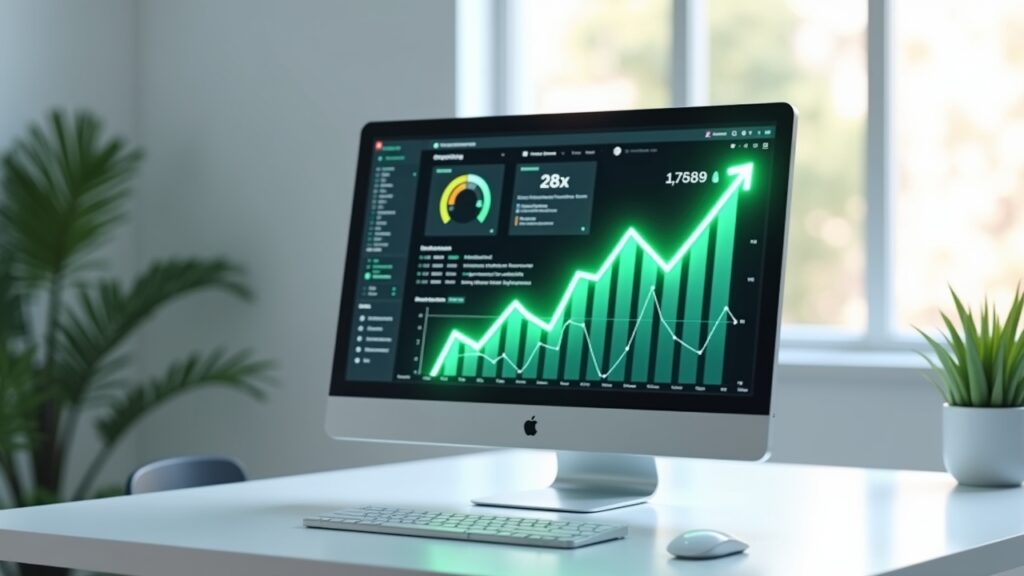 Computer screen showing AI SEO recommendations with green upward trending arrows