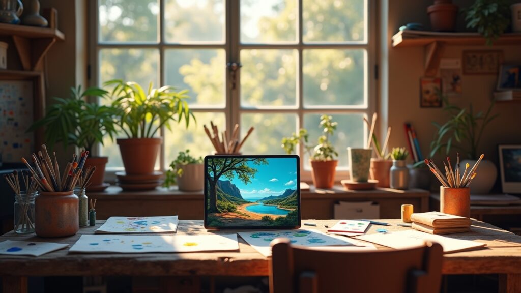 Artist's workspace with tablet showing AI-generated artwork