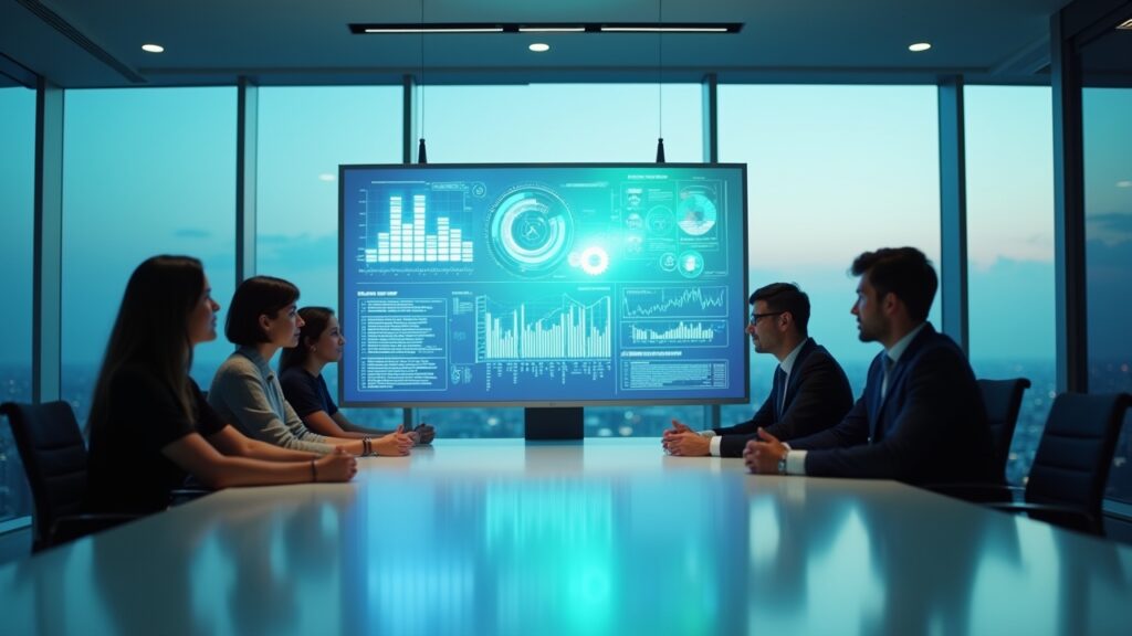 Business meeting with AI-generated charts and insights on presentation screen