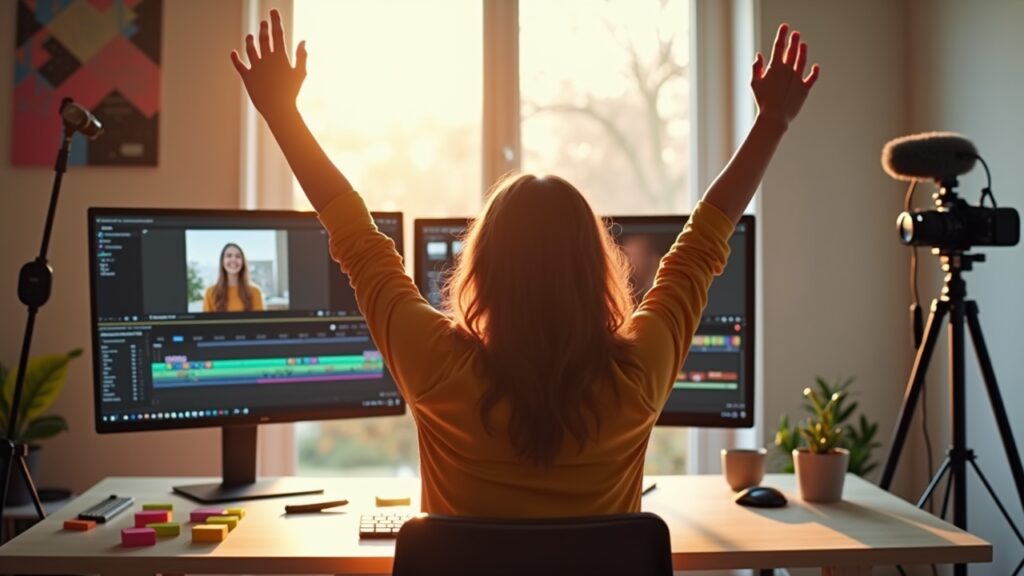 Content creator celebrating time saved with AI editing tool interface visible