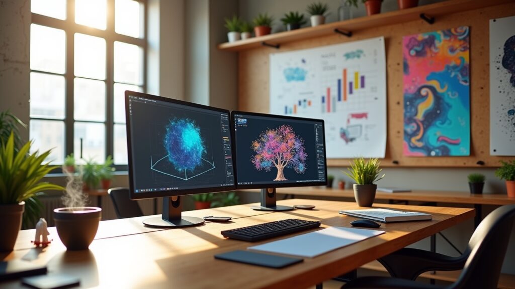 Creative workspace with AI-generated designs printed and pinned on wall