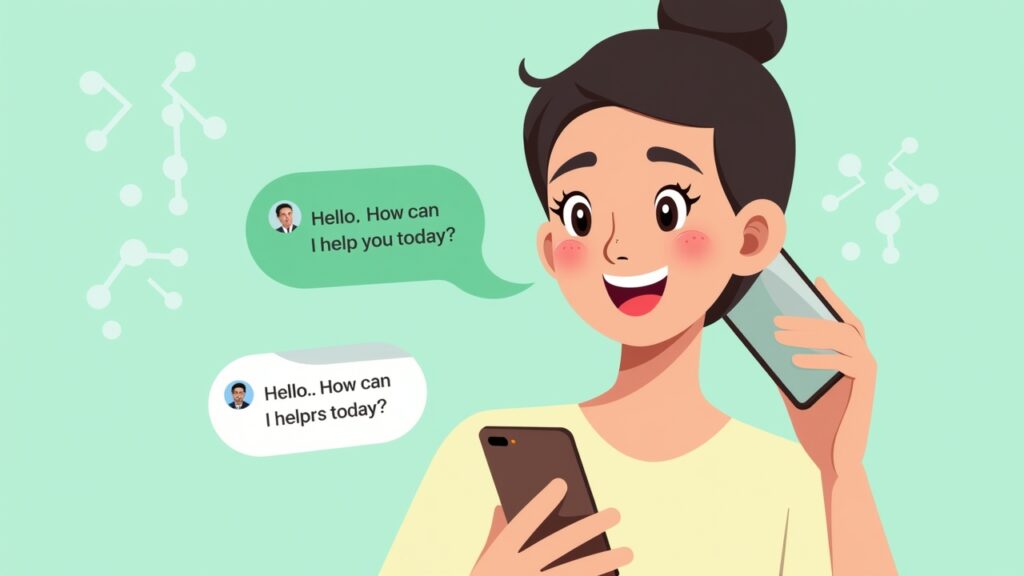 Happy customer on phone with AI chat bubble showing automated response