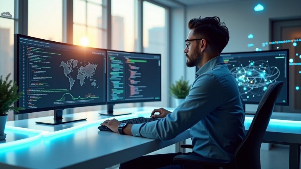 Data scientist working with cloud ML platform on multiple monitors