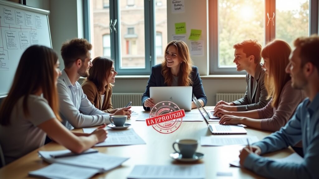 Marketing team reviewing AI-generated copy with approval stamps