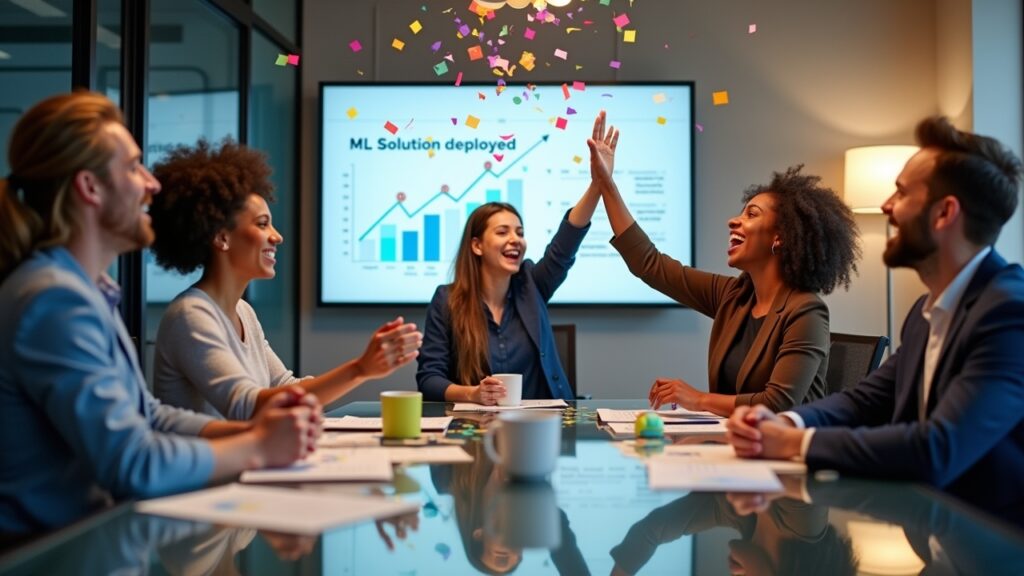 Non-technical team successfully deploying ML solution with celebration