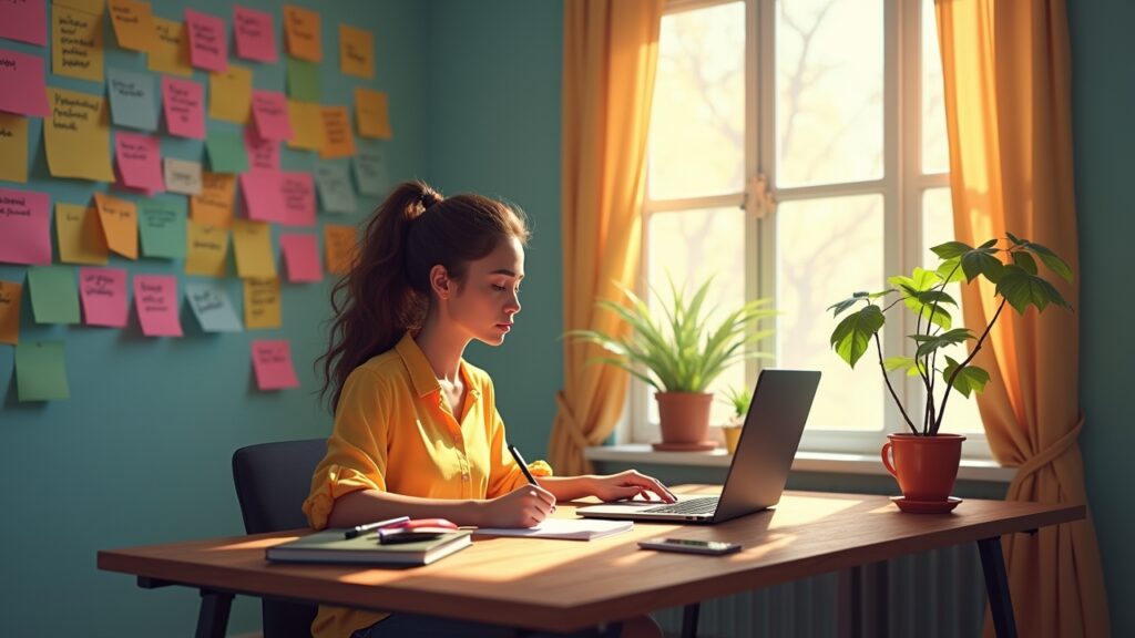 Person brainstorming prompt ideas with sticky notes and laptop