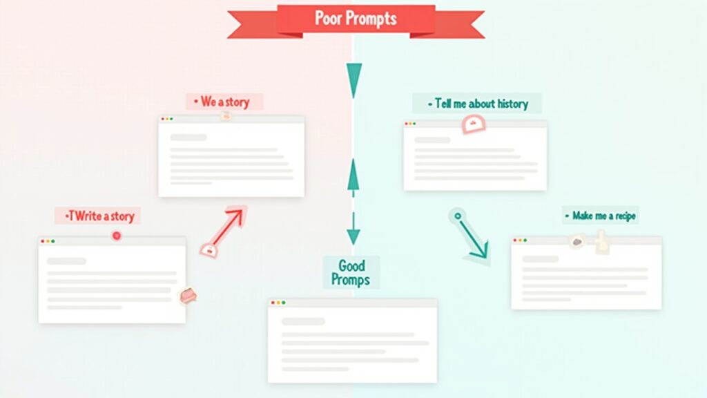 Infographic showing before/after examples of poor vs good prompts