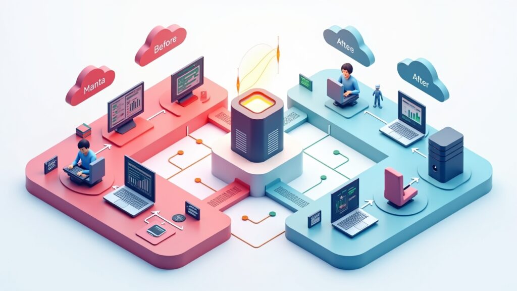 Workflow diagram showing before/after AI API integration