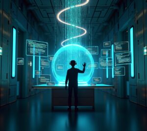 Developer using AI coding tool on multiple monitors