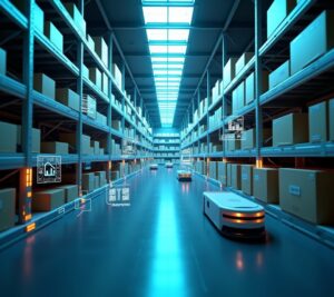 Warehouse with AI monitoring screens