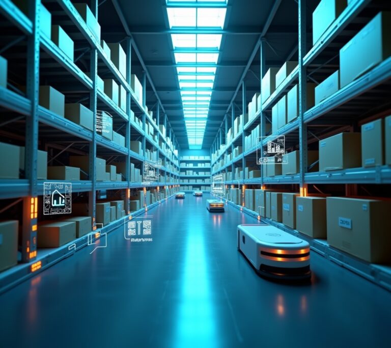 Warehouse with AI monitoring screens