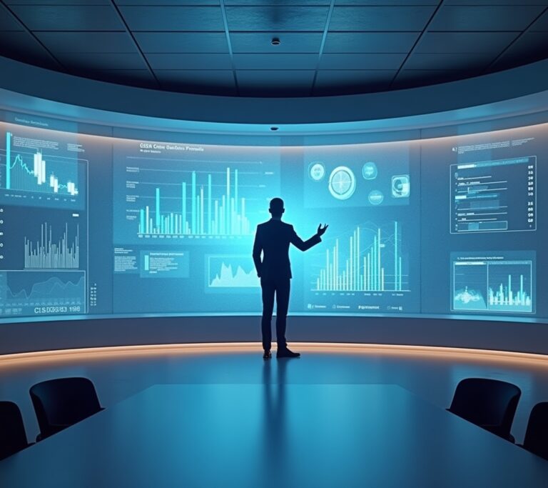 Professional presenting with AI-generated slides